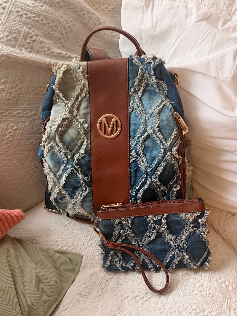 Denim & Brown Leather Accent Backpack with Matching Wristlet
